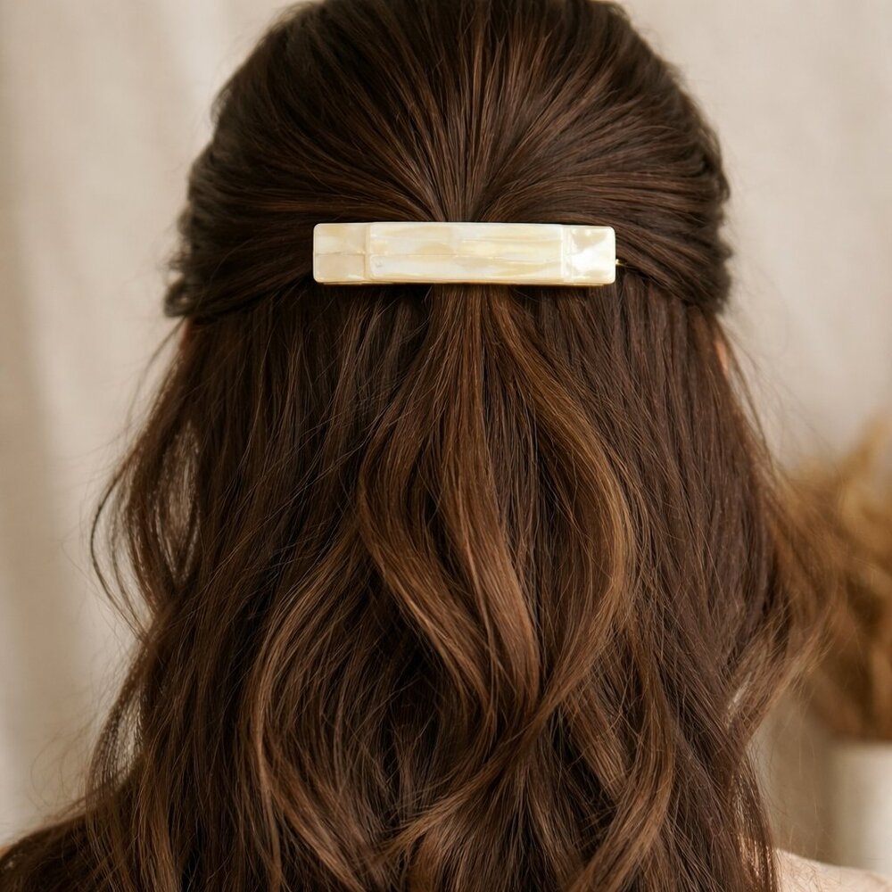 France Luxe Rectangular Barrette Alba Cream Gold Tone 3.5”